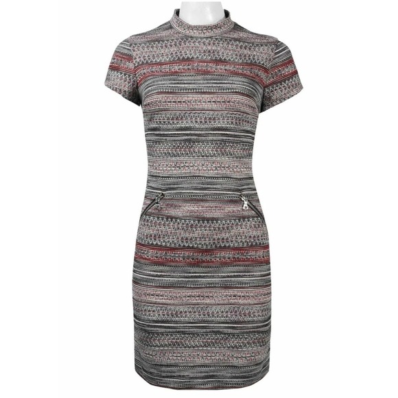 madison leigh Dresses & Skirts - Madison Leigh High Neck Knit Day Dress Size 8 Red Grey Stripe NWT $89